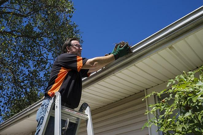 a gutter repair technician using a ladder and tools in Crystal Lake